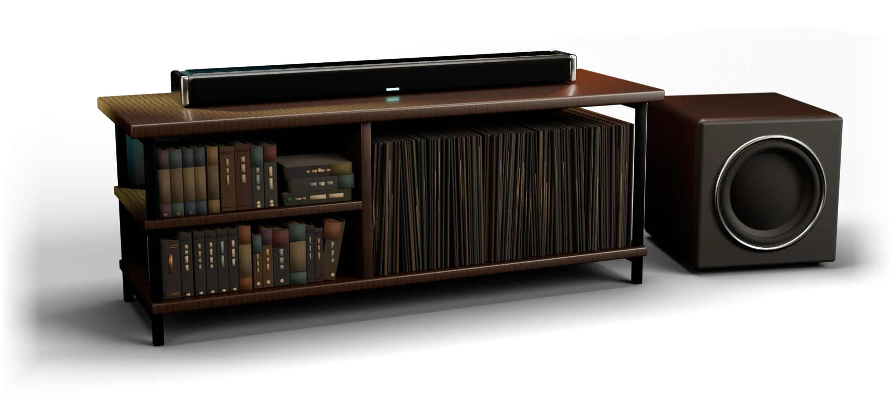 Rack aus Nussbaum mit Soundbar, links Bücher, rechts Schallplatten, daneben ein Subwoofer